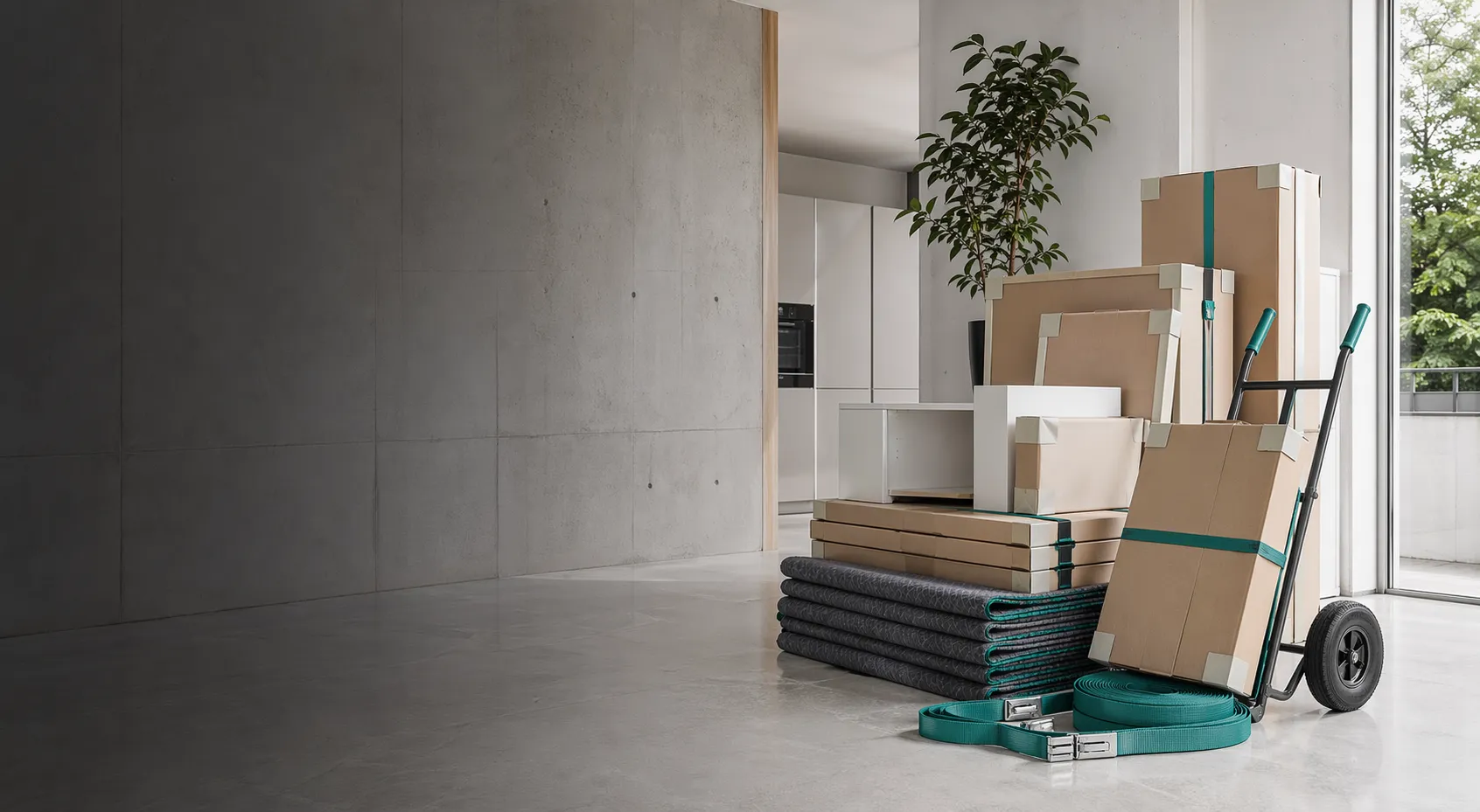 Montagebereit gestapelte Küchen- und Liefergüter mit Transporthilfen